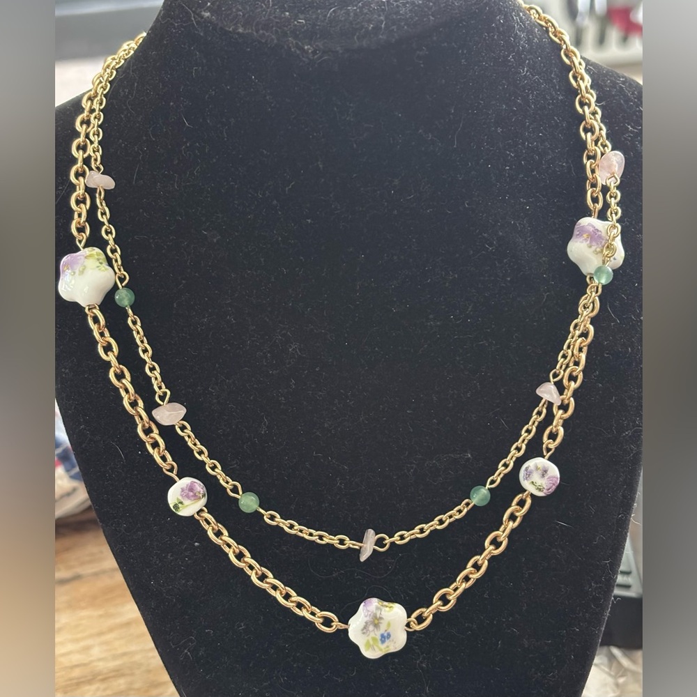Cracker Barrel gold tone, double necklace beautiful glass flowered beads 16-18”